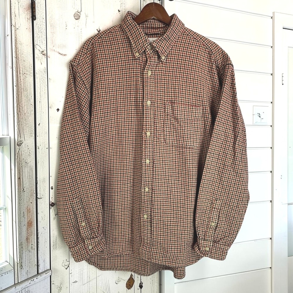 Vintage Button Down Shirt J.Crew L Red Black 100% Cotton Houndstooth Flannel